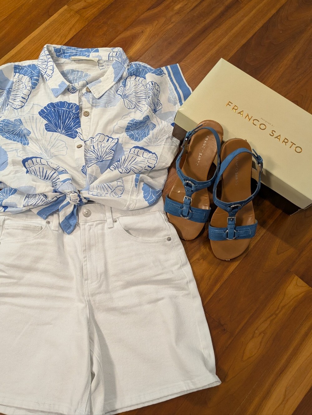 Franco Sarto Blue Leather T-Strap Sandals
